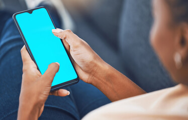 Poster - Black woman, hands and phone with green screen mockup for marketing, branding and advertising. African female hand on mobile technology with blank display for social media, texting and message or app