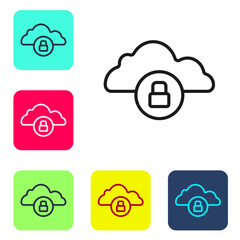 Poster - Black line Cloud computing lock icon isolated on white background. Security, safety, protection concept. Protection of personal data. Set icons in color square buttons. Vector