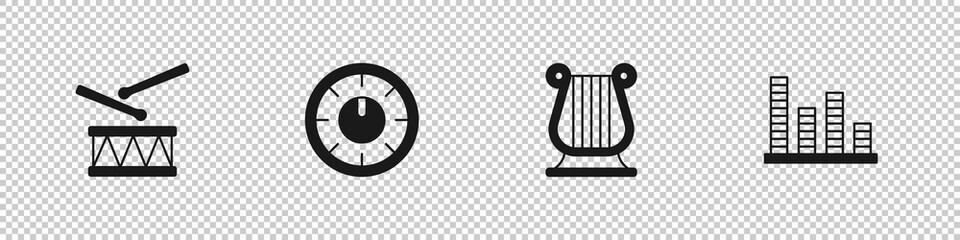 Canvas Print - Set Drum with drum sticks, Sound mixer controller, Ancient Greek lyre and Music equalizer icon. Vector