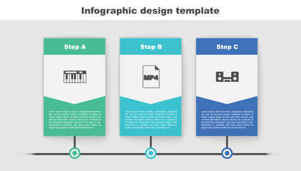 Sticker - Set Music synthesizer, MP4 file document and Home stereo with two speakers. Business infographic template. Vector