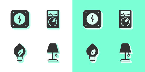 Set Table lamp, Lightning bolt, bulb with leaf and Ampere meter, multimeter icon. Vector