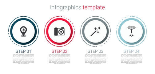 Set Camera shutter, Photo camera, retouching and Studio light bulb softbox. Business infographic template. Vector