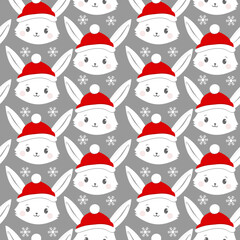 Wall Mural - Seamless pattern with rabbit cartoons with red hat. Santa hat, snowflakes and rabbit background vector illustration.