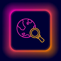 Poster - Glowing neon line Magnifying glass with globe icon isolated on black background. Analyzing the world. Global search sign. Colorful outline concept. Vector