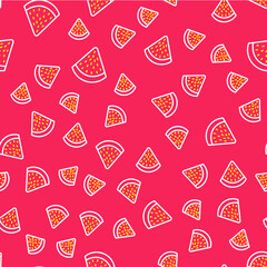 Sticker - Line Watermelon icon isolated seamless pattern on red background. Vector