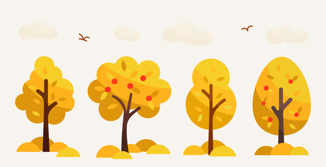 Autumn Fall season flat style shade scenery illustration. Yellow orange trees, plant orchard, forest.