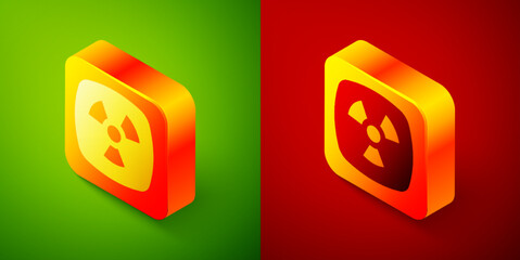 Isometric Radioactive icon isolated on green and red background. Radioactive toxic symbol. Radiation hazard sign. Square button. Vector