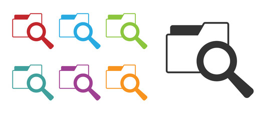 Poster - Black Search concept with folder icon isolated on white background. Magnifying glass and document. Data and information sign. Set icons colorful. Vector