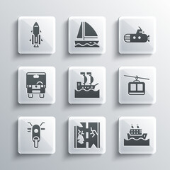 Canvas Print - Set Broken road, Cruise ship, Cable car, Sailboat, Scooter, Bus, Rocket with fire and Submarine icon. Vector