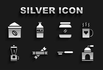 Canvas Print - Set Sugar stick packets, Coffee cup and heart, Manual coffee grinder, filter holder, Electric, jar bottle, Bag beans and Bottle with milk icon. Vector