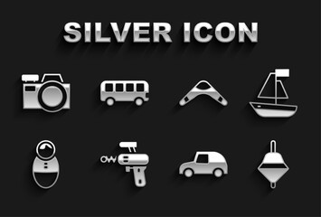 Sticker - Set Ray gun, Toy boat, Whirligig toy, car, Tumbler doll, Boomerang, Photo camera and Bus icon. Vector