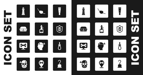 Sticker - Set Spyglass telescope lens, Alcohol drink Rum, Sailor hat, Lighthouse, Shield with pirate skull, Pirate eye patch, Gallows rope loop hanging and Location icon. Vector