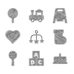 Sticker - Set Baby crib hanging toys, ABC blocks, Cake with burning candles, socks clothes, Rattle baby, inside heart, potty and Lollipop icon. Vector