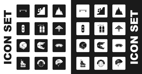 Poster - Set Mountains, Aqualung, Snowboard, Longboard or skateboard, Hang glider, Landslide, Ski goggles and Helmet icon. Vector