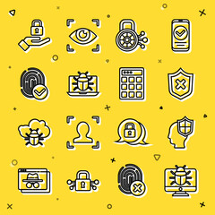 Sticker - Set line System bug on monitor, Head with shield, Shield cross mark, Cyber security, Fingerprint, Lock hand and Password protection icon. Vector