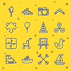 Sticker - Set line Toy boat, Rubber duck, Fidget spinner, Photo camera, Balloons with ribbon, Puzzle pieces toy, horse and Pyramid icon. Vector