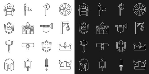 Wall Mural - Set line Viking in horned helmet, King crown, Gallows, Medieval axe, Castle, fortress, Shield with, throne and Trumpet flag icon. Vector