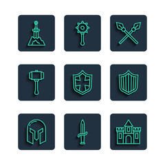 Wall Mural - Set line Medieval iron helmet, Dagger, Castle, fortress, Crossed medieval spears, Shield, Hammer, Sword in the stone and icon. Vector