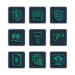 Canvas Print - Set line Law book, International law, Scales of justice, Police badge, Judge gavel, Justice in shield and Pistol or gun icon. Vector