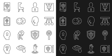 Sticker - Set line Psychology, Psi, Broken heart or divorce, Pendulum, Solution to the problem, Comedy and tragedy masks, book, and Man graves funeral sorrow icon. Vector