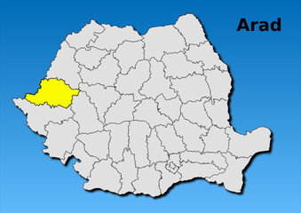  Map of Romania with map of Arad county highlighted in yellow vector