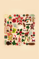 Canvas Print - Environmentally friendly retro Christmas symbols, tree decorations of metal and wood, food and winter flora. Festive abstract composition with large collection of objects on cream background.