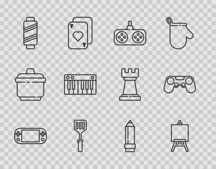 Sticker - Set line Portable video game console, Easel painting art boards, Gamepad, Spatula, Sewing thread spool, Music synthesizer, Pencil with eraser and icon. Vector