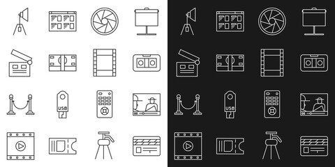 Canvas Print - Set line Movie clapper, Online play video, VHS cassette tape, Camera shutter, Stacks paper money cash, spotlight and Play Video icon. Vector