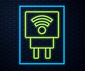 Sticker - Glowing neon line Smart electric plug system icon isolated on brick wall background. Internet of things concept with wireless connection. Vector