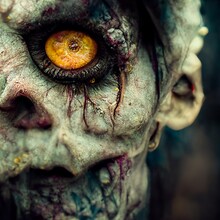 Zombie Portrait Wearing A Hat, Rotten Flesh, Undead, Skull, Bones, Glowing Yellow Eyes. Zombie Face, Scary, Horror. Photo Realistic, Concept Art, Cinematic Light, Background, Wallpaper, Illustration