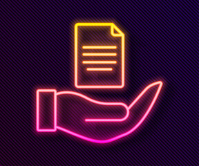 Sticker - Glowing neon line Contract in hand icon isolated on black background. Insurance concept. Security, safety, protection, protect concept. Vector