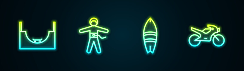 Wall Mural - Set line Skate park, Bungee jumping, Surfboard and Motorcycle. Glowing neon icon. Vector