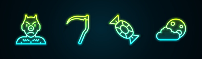 Poster - Set line Krampus, heck, Scythe, Candy and Moon stars. Glowing neon icon. Vector