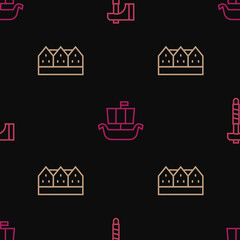 Wall Mural - Set line Wooden axe, Norwegian wooden house and Viking ship Drakkar on seamless pattern. Vector