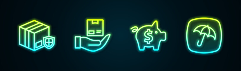 Wall Mural - Set line Delivery security with shield, insurance, Piggy bank and Umbrella. Glowing neon icon. Vector