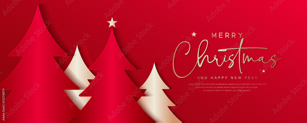 Christmas red background with xmas tree. Merry christmas greeting card ...