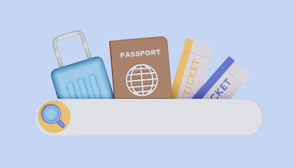 Poster - 3d Search bar to booking and service for travel. searching passport, suitcase, ticket for trip on website. 3d render illustration