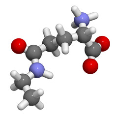 Poster - Theanine herbal molecule. 3D rendering.  Constituent of tea prepared from Camellia sinensis. Also taken as nutritional supplement.