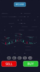 Poster - Cryptocurrency, online trading and bitcoin finance app on phone UI screen with dark background and fintech sell or buy. Banking, btc and investment graph or algorithm for blockchain or stock market