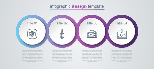 Sticker - Set line Photo camera, Dust blower, and frame. Business infographic template. Vector