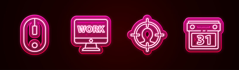 Poster - Set line Computer mouse, Monitor with text work, Head hunting concept and Calendar. Glowing neon icon. Vector