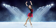 Grace. Little felae figure skater wearing beautiful dress performing short program over ice arena background. Dance, winter sports, achievements, champion concept