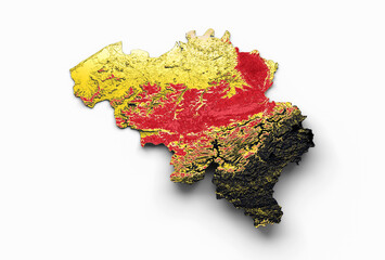 Poster - Belgium map with the flag Colors Red and yellow Shaded relief map 3d illustration