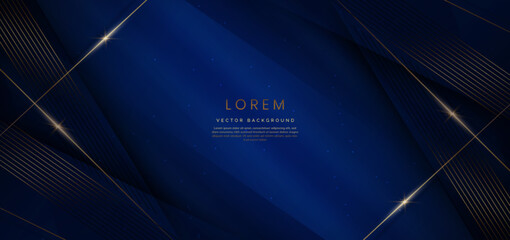 Abstract elegant dark blue background with golden line and lighting effect sparkle. Luxury template design.