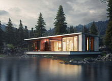 Modern House Next To A Lake With Forest