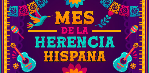 Hispanic heritage month, Vector web banner, poster, card for social media, networks. Greeting in Spanish mes de la hernia Hispano text, Paper Picado, perforated paper on ornament background