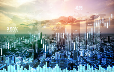 Financial graphs and digital indicators overlap with modernistic urban area, skyscrabber for stock market business concept. Double exposure.