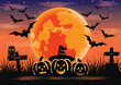Vector or illustration of silhouette cute pumpkin and bats flying in the sky with owl on gravestone in the graveyard on full moon or moonlight background for halloween night day.