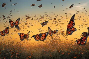 swarm of monarch butterflies, Danaus plexippus group during sunset