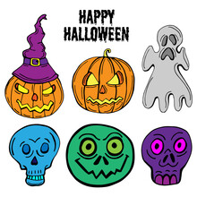 Vector Set Of Halloween Character Heads That Includes A Pumpkin, A Ghost, A Zombie, A Skeleton